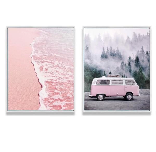 Cuadro decorativo para hogar. Díptico. Modelo caravana + mar en rosa.