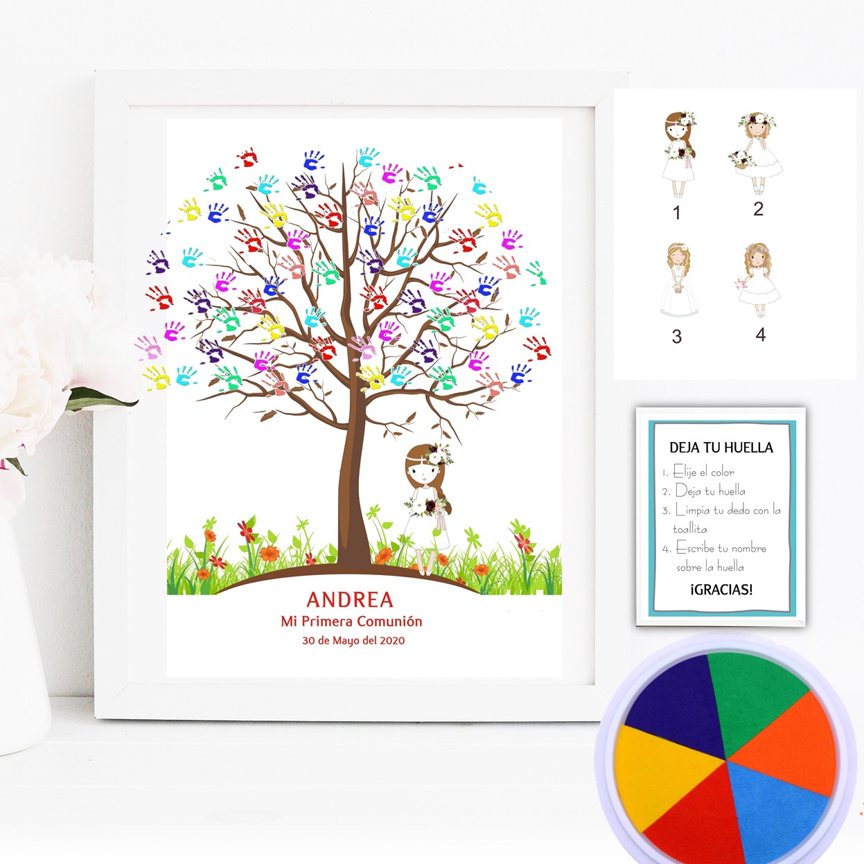 Arbol de huellas de comunion niña personalizado