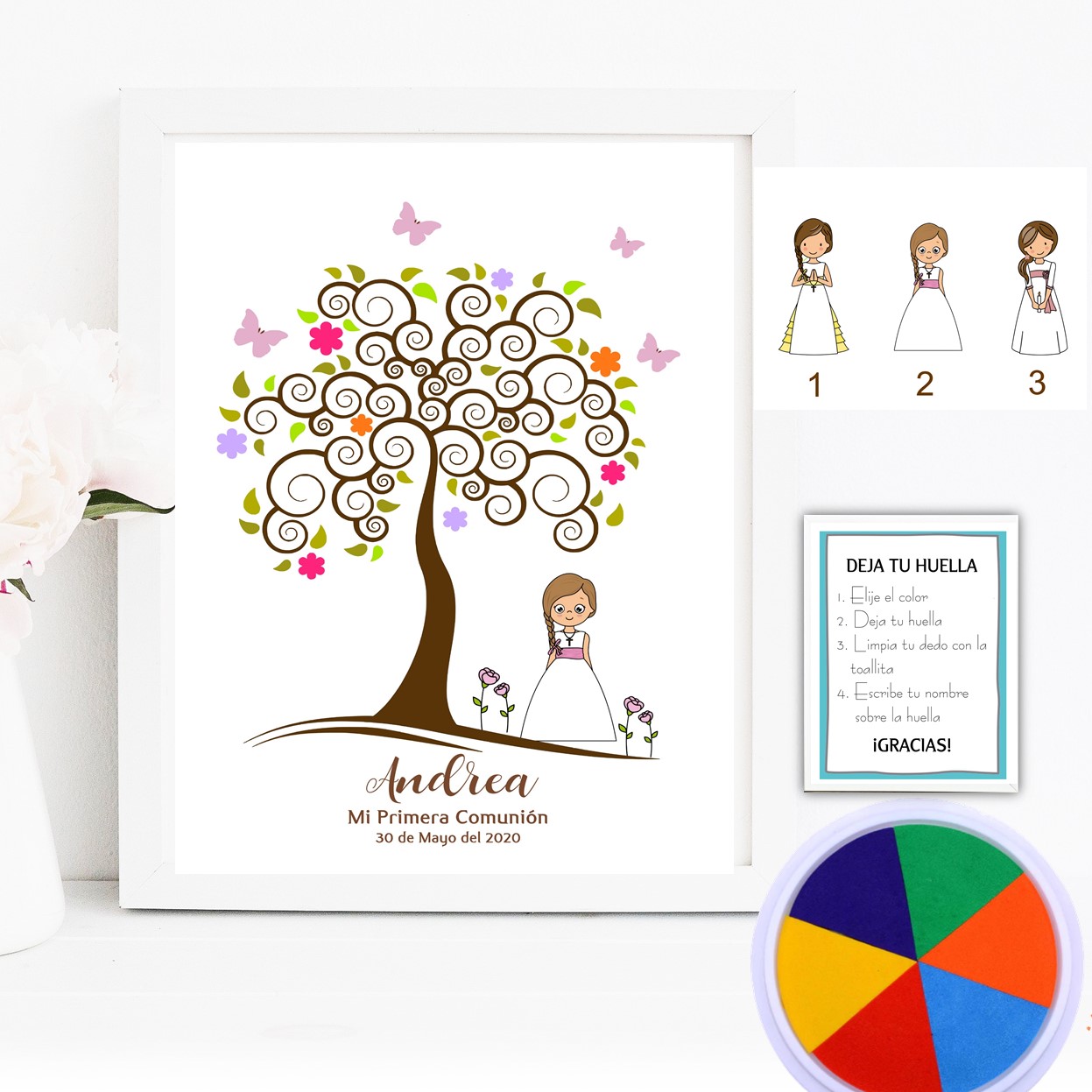 Kit Árbol de huellas + banner para Comunión niña. Modelo