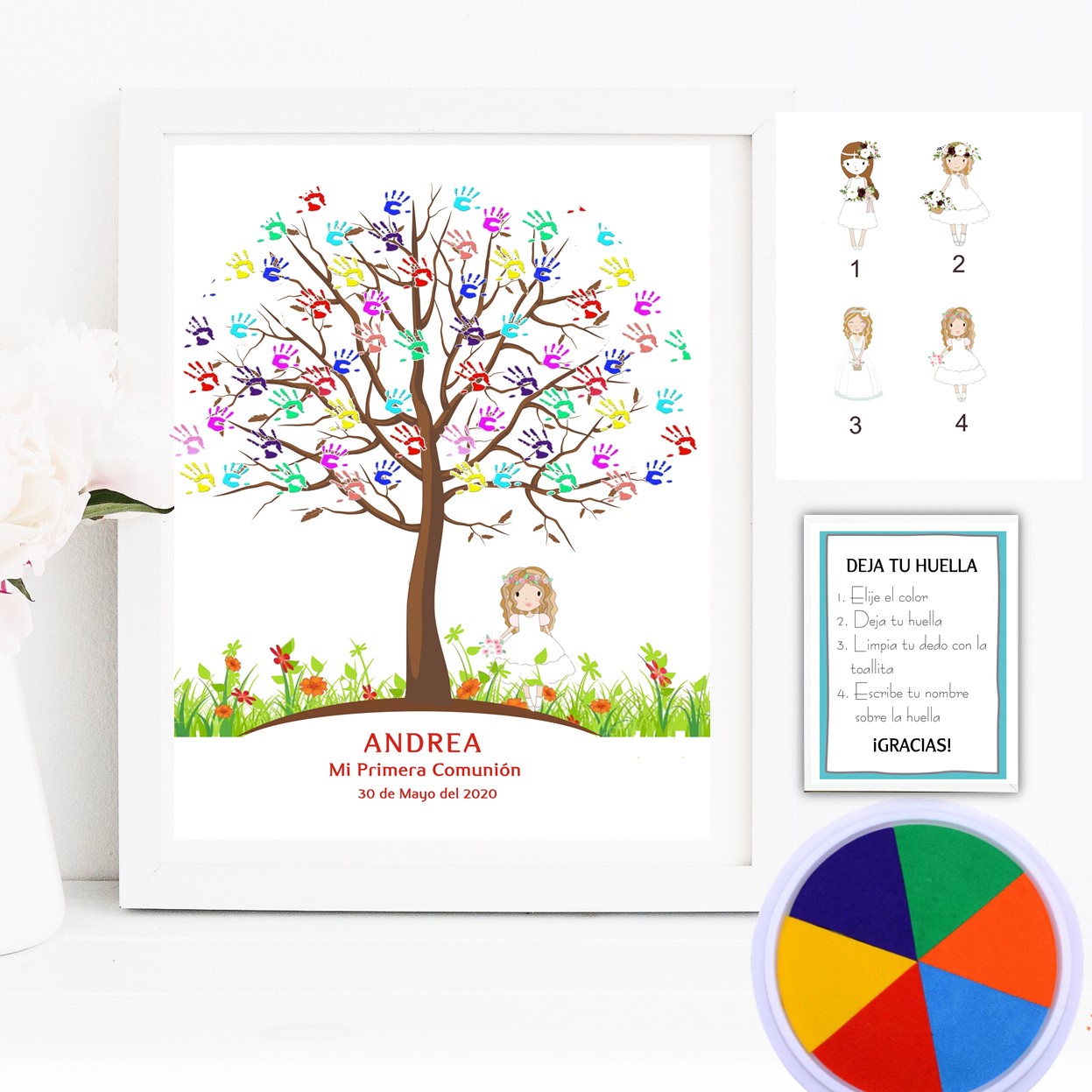 Cuadro Árbol de Huellas Comunion Niña Beige - Firmas y dedicatorias para  Detalles de comuniones - Marco, Tinta de Colores e Instrucciones - Recuerdo