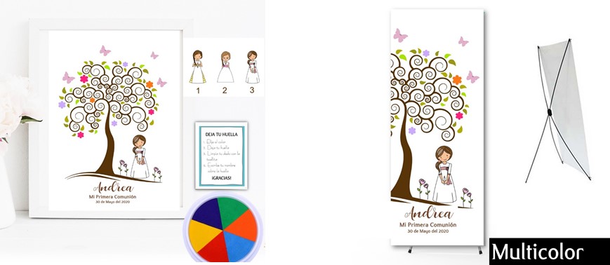 Kit Árbol de huellas + banner para Comunión niña. Modelo multicolor. -  Cuadros Personalizados