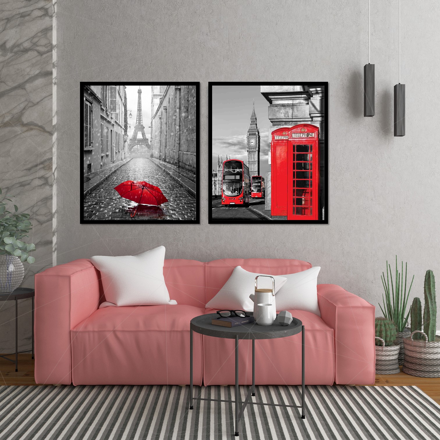 Personalizado Didart Handmade 2 Cuadros decoración salón o dormitorio moderno Con marco Díptico,Cabina Roja· Elige tamaño y color del marco.Hecho en España 